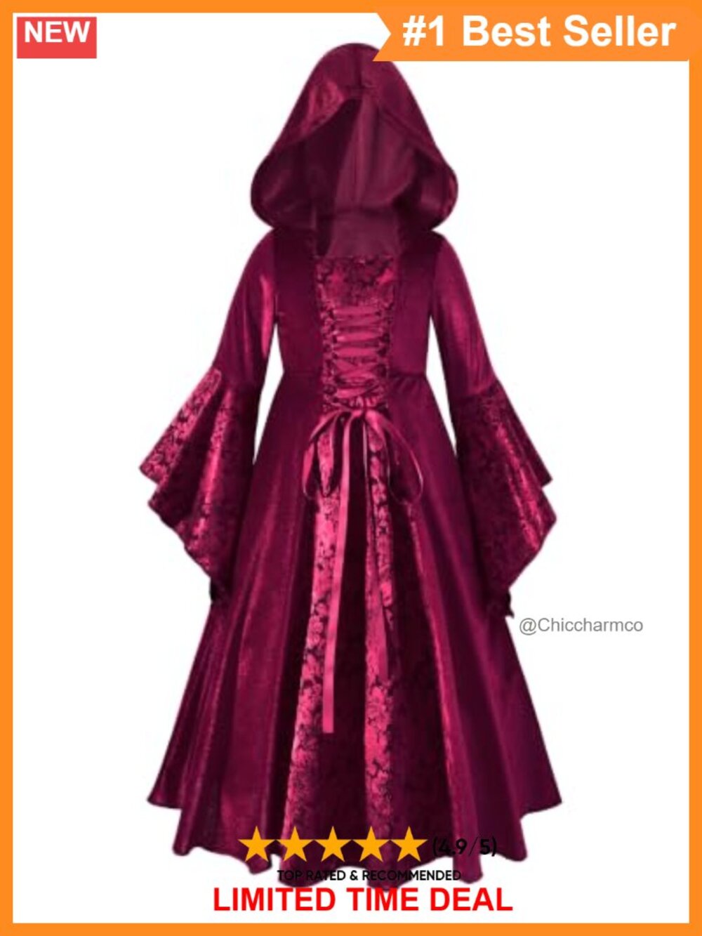 Girls Hooded Renaissance Peasant Dress Lace Up Bell Sleeve Midi Costume